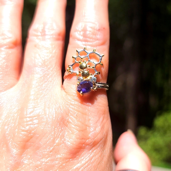 Lolite & Aquamarine honeycomb sterling silver ring 24k gold drops of honey sz8